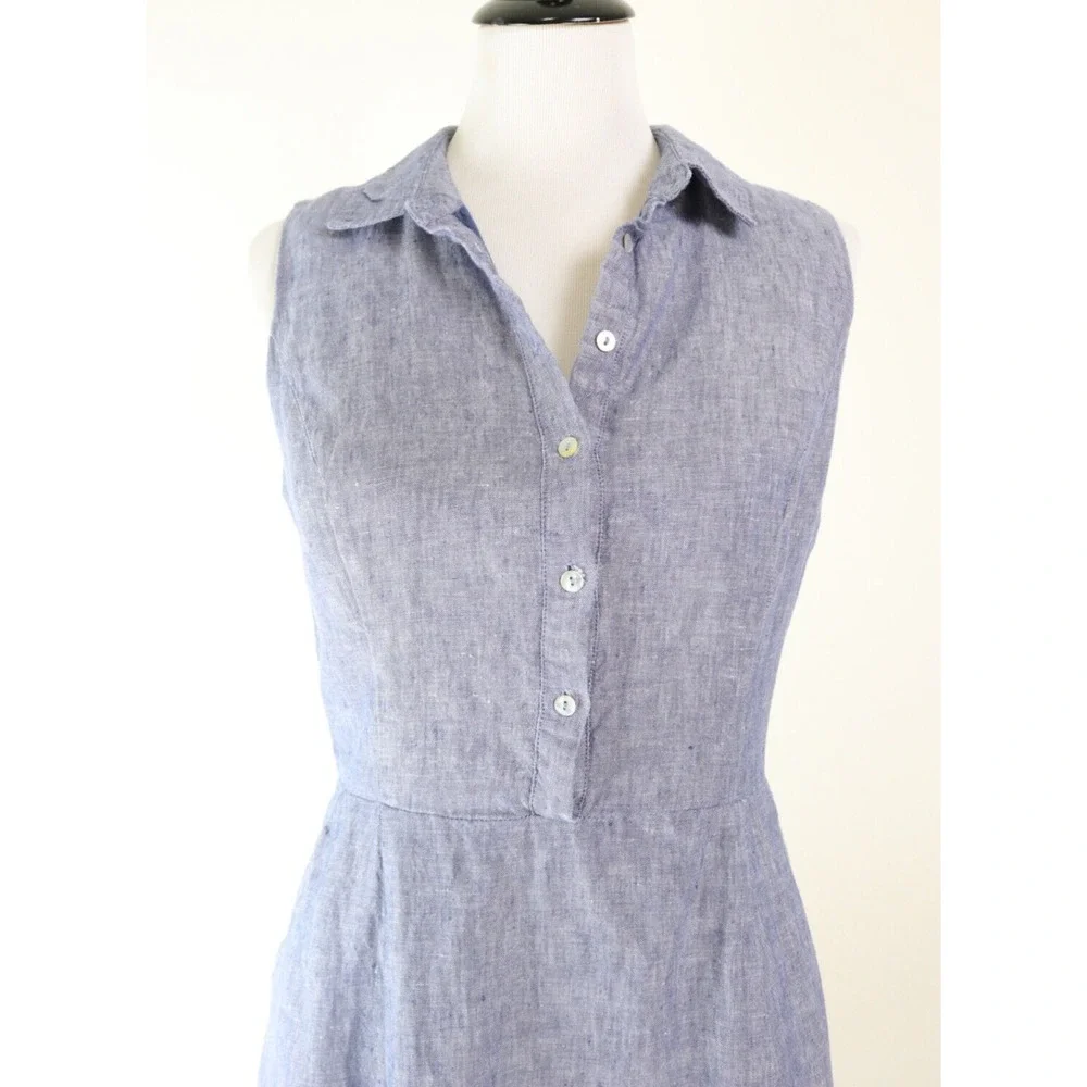 Tahari Size 4 Linen Sleeveless Shirt Dress Collared Embroidered Blue - Picture 7 of 12